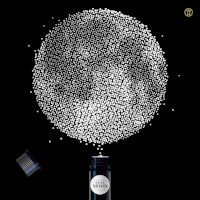 a black and white image of a moon with a bottle next to it