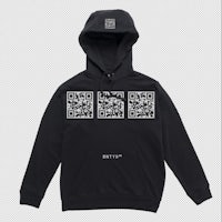 a black hoodie with a qr code on it
